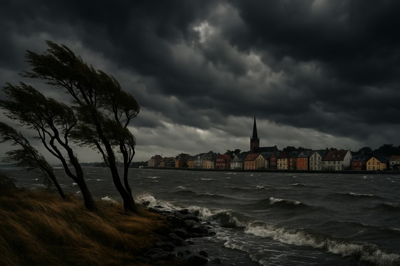 Donkere herfststormwolken boven een Zweedse kuststad met windbewogen bomen en onstuimige zee