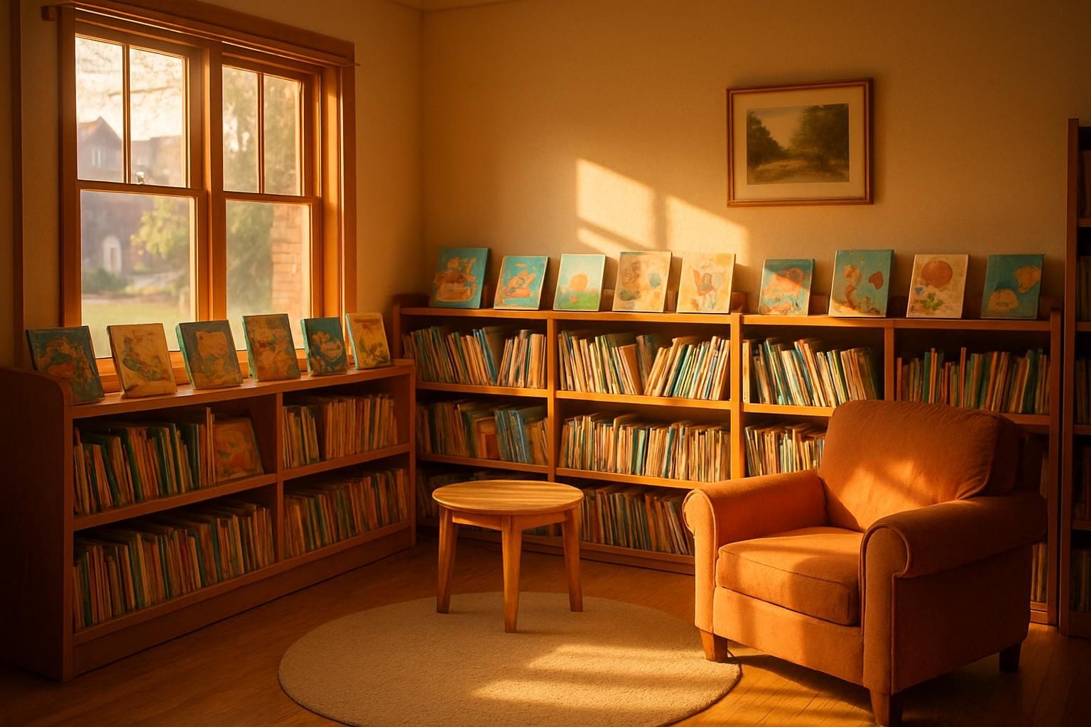 Een rustige leeshoek in een kleine bibliotheek met kinderboeken op houten planken