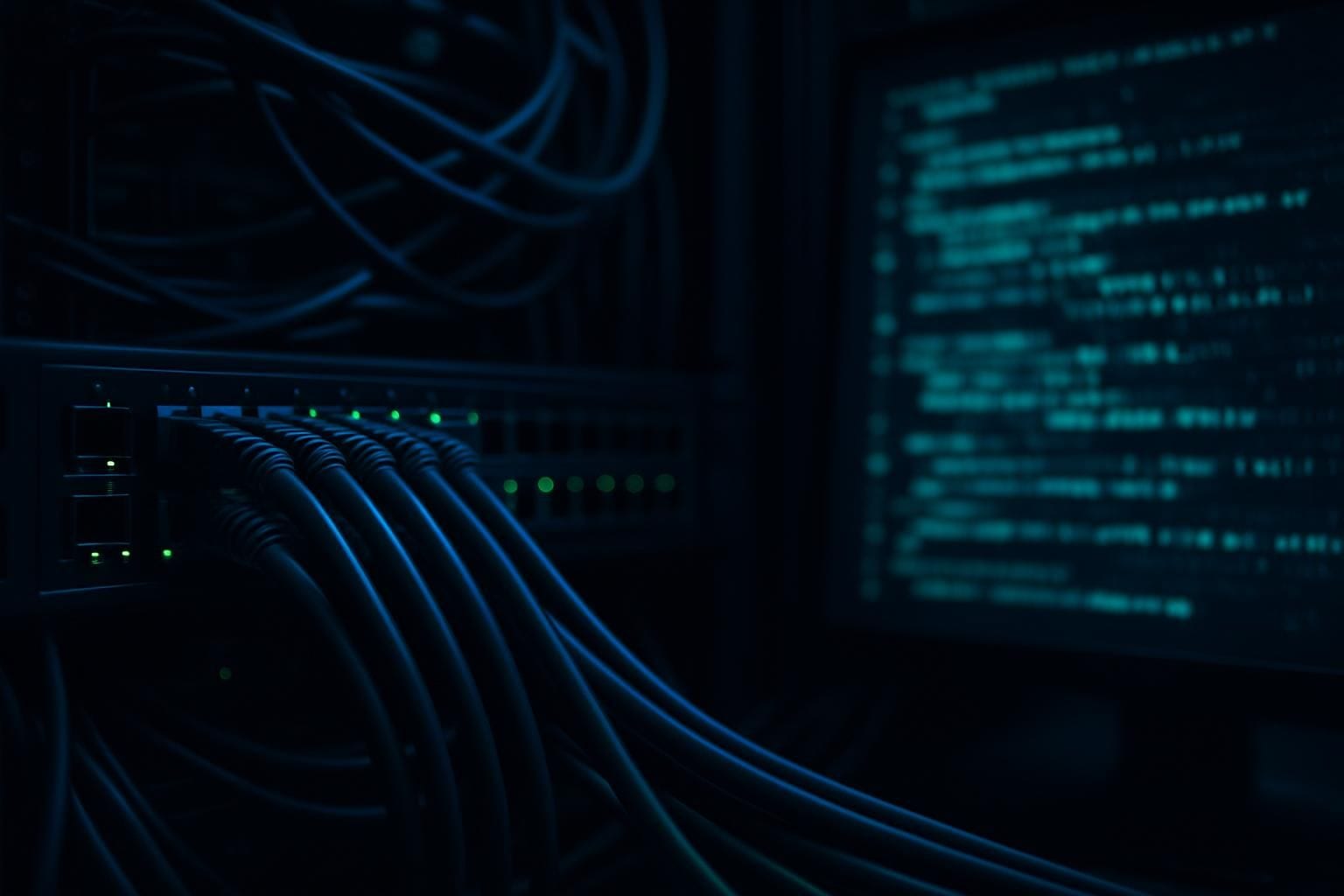 Serverrack met gloeiende code op een monitor in een datacenter, symbool voor een kritieke software-kwetsbaarheid